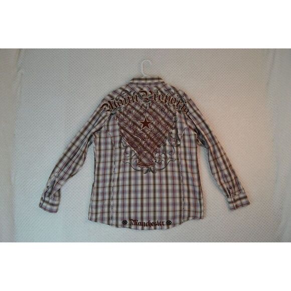 Manchester Men's Large Brown Plaid Embroidered Pearl Snap Western Shirt - Picture 1 of 16